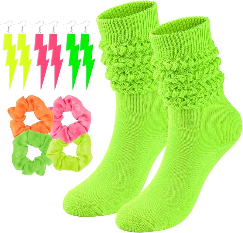 TRIITECH Store Neon Slouch Socks for Women, 80s 90s Scrunch Knee High Socks with Neon Earrings and Scrunchies for 80s 90s Party - Image 1